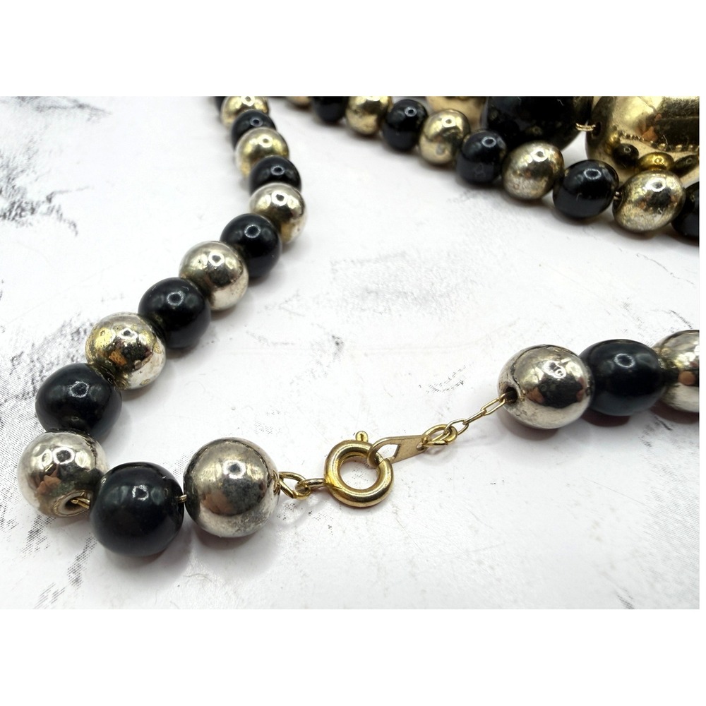 Black Gold Beaded Necklace Long 29" Graduated Statement Chain 8-18mm beads - Picture 4 of 5